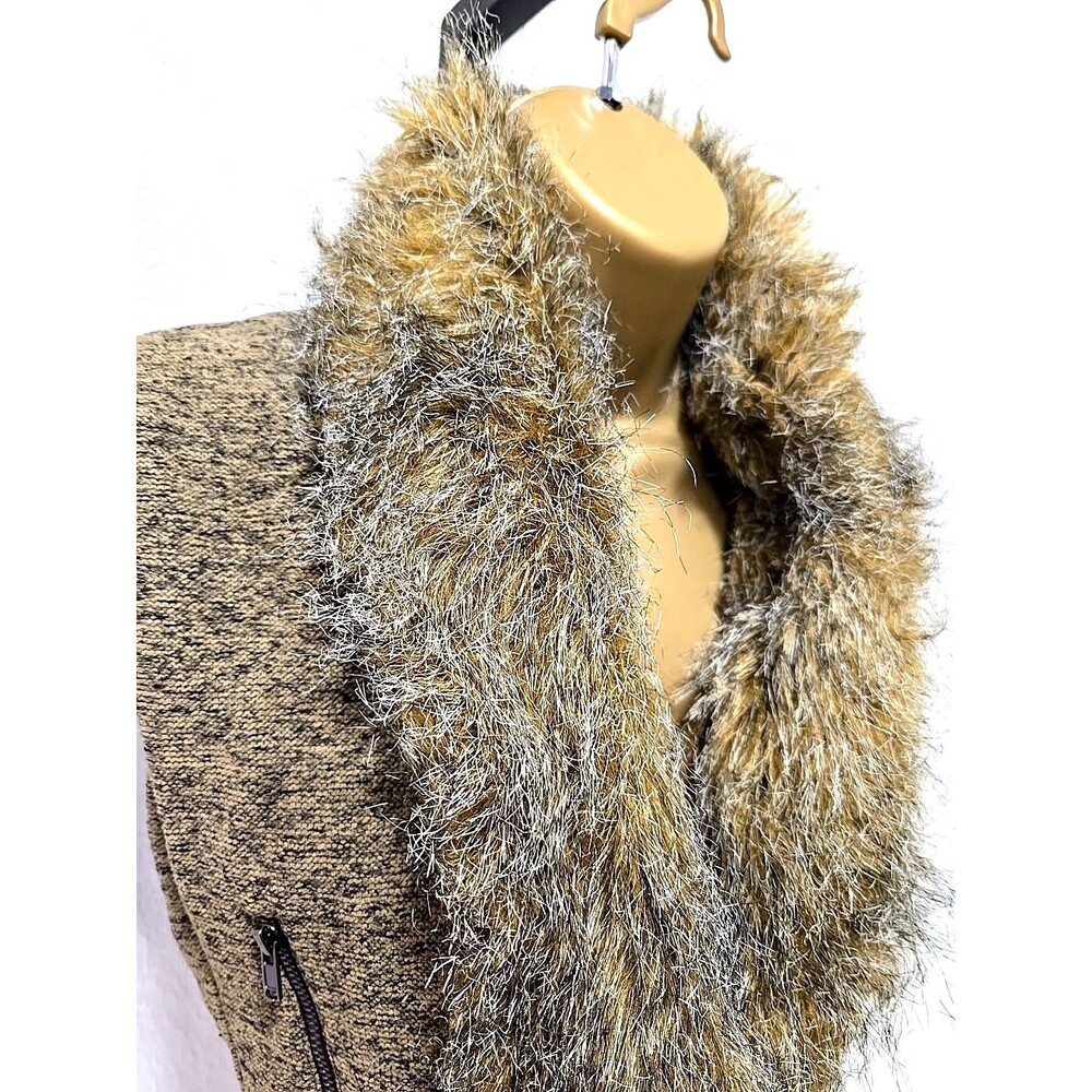 Penny Lane Y2K Vest Faux Fur Trim Womens Med XS THML Asymmetric Zip Brown Tweed